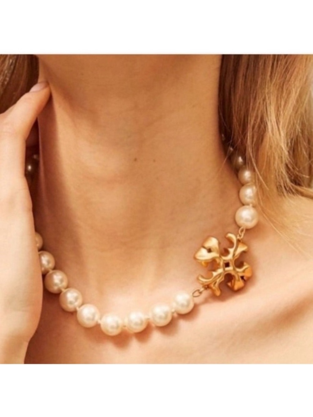 Tory Burch Pearl Necklace with Gold Logo Accent - White Pearls